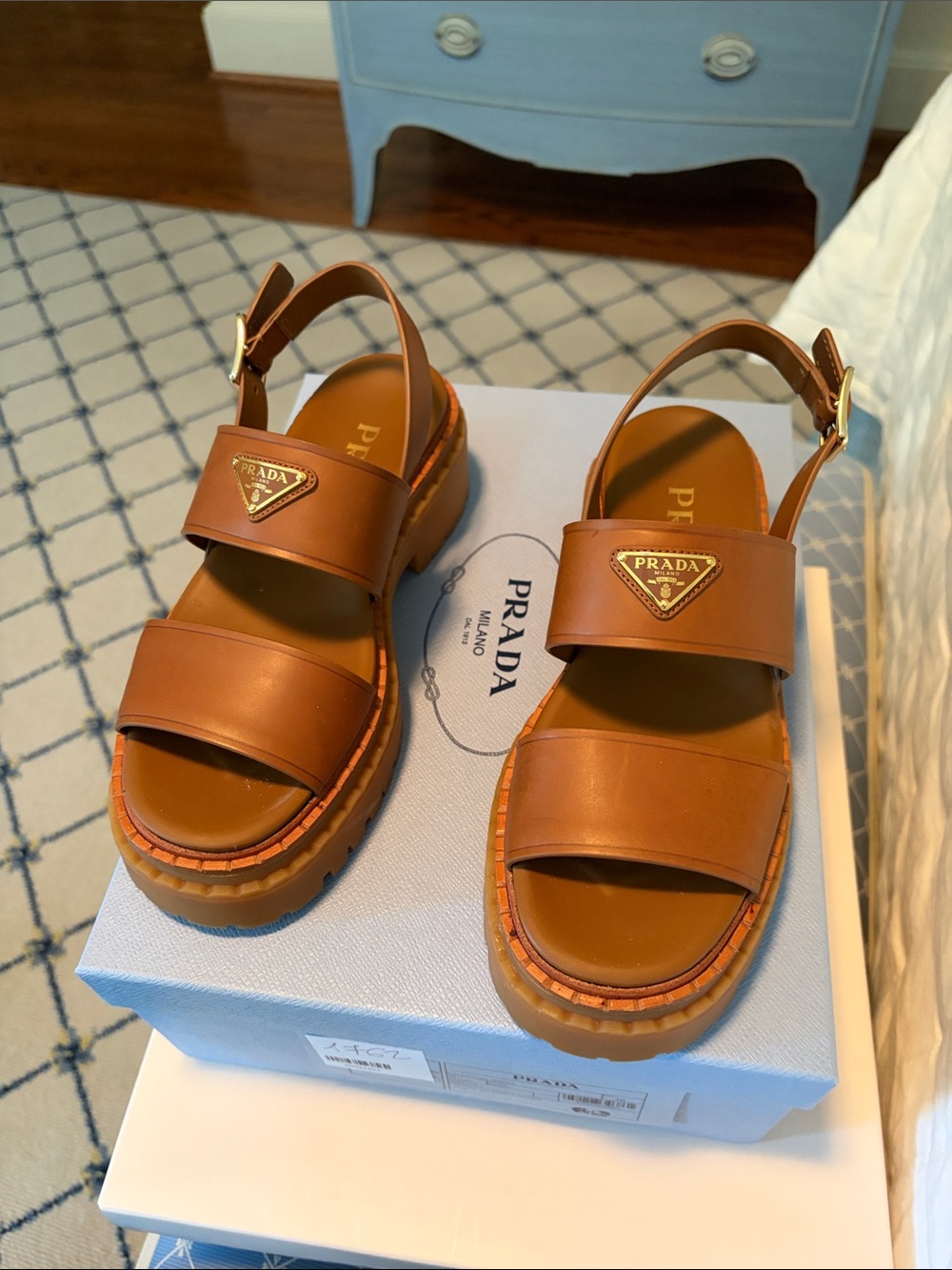 Prada Tan Leather Platform Sandals with Gold Triangle Logo
